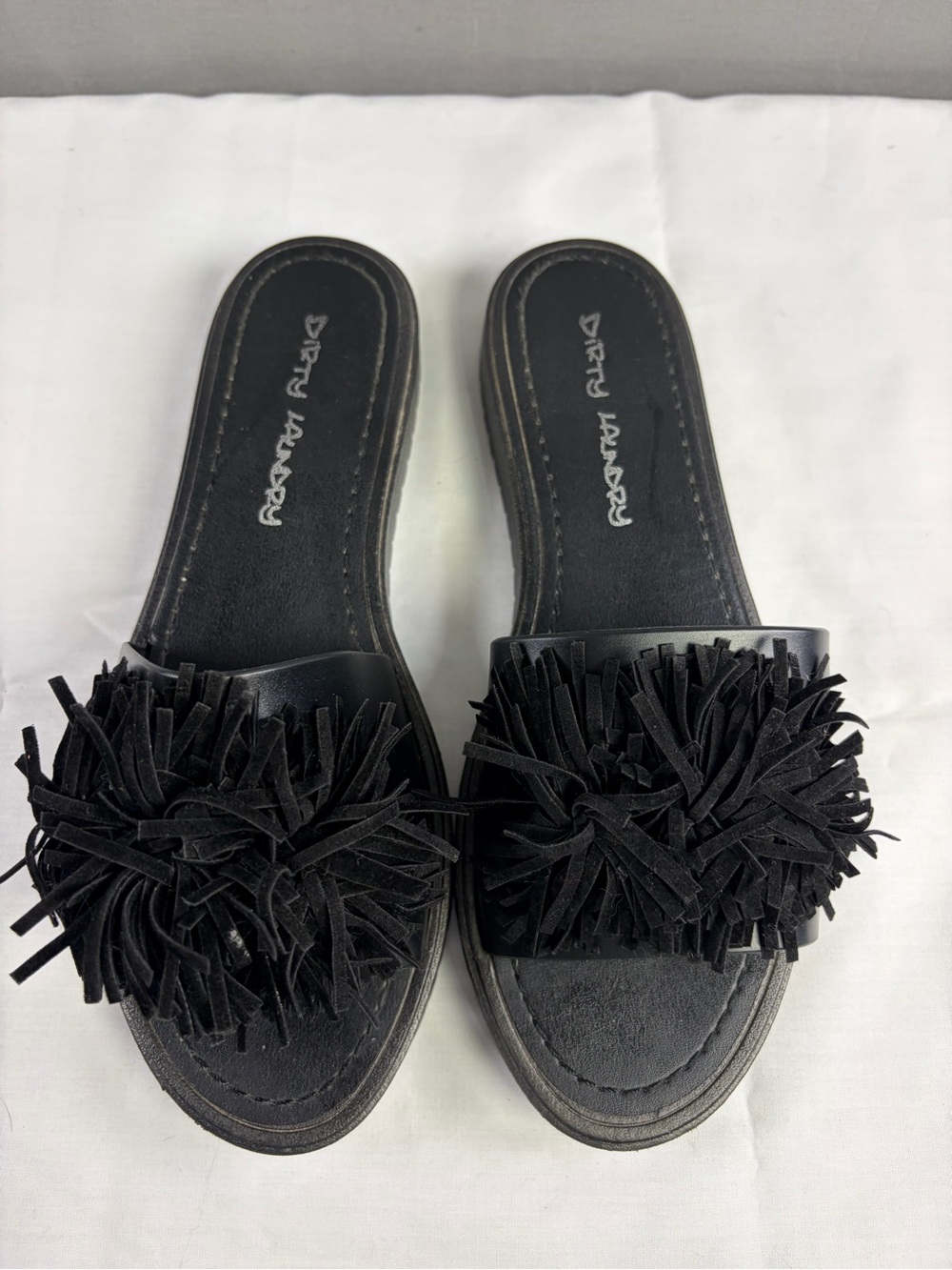 Dirty Laundry Black Fringe Pom Slide Mules